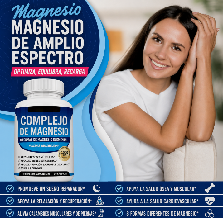 💙Magnesio 8 en 1 Complejo 1000 mg y Mezcla de Azúcar en la Sangre Combo de Suplemento 90 Cápsulas✨
