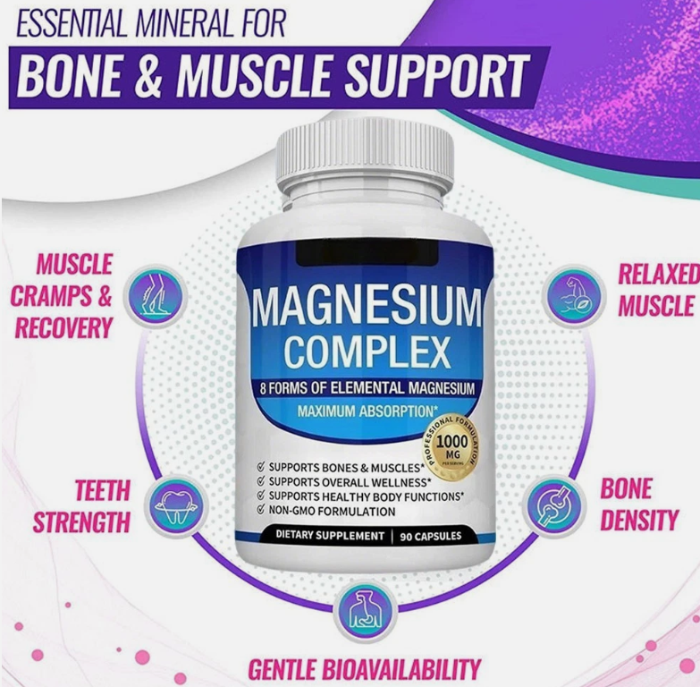 💙Magnesio 8 en 1 Complejo 1000 mg y Mezcla de Azúcar en la Sangre Combo de Suplemento 90 Cápsulas✨