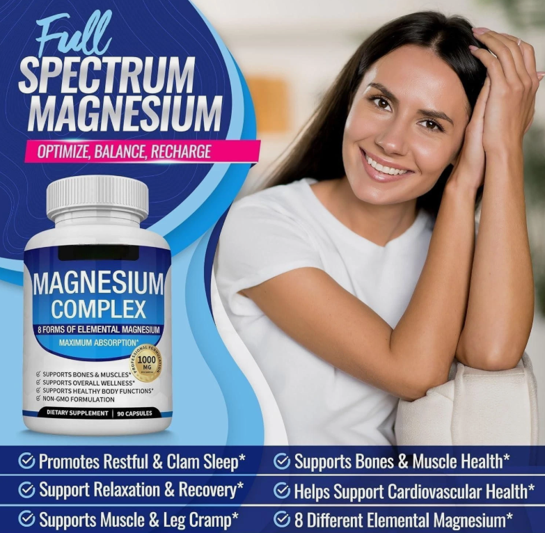 💙Magnesio 8 en 1 Complejo 1000 mg y Mezcla de Azúcar en la Sangre Combo de Suplemento 90 Cápsulas✨