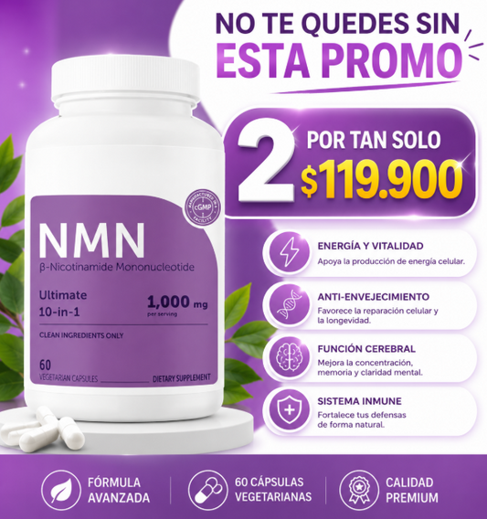 🌿NMN ULTIMATE 1000 MG-Suplemento utilizado principalmente para promover la longevidad y aumentar los niveles de energía celular💜