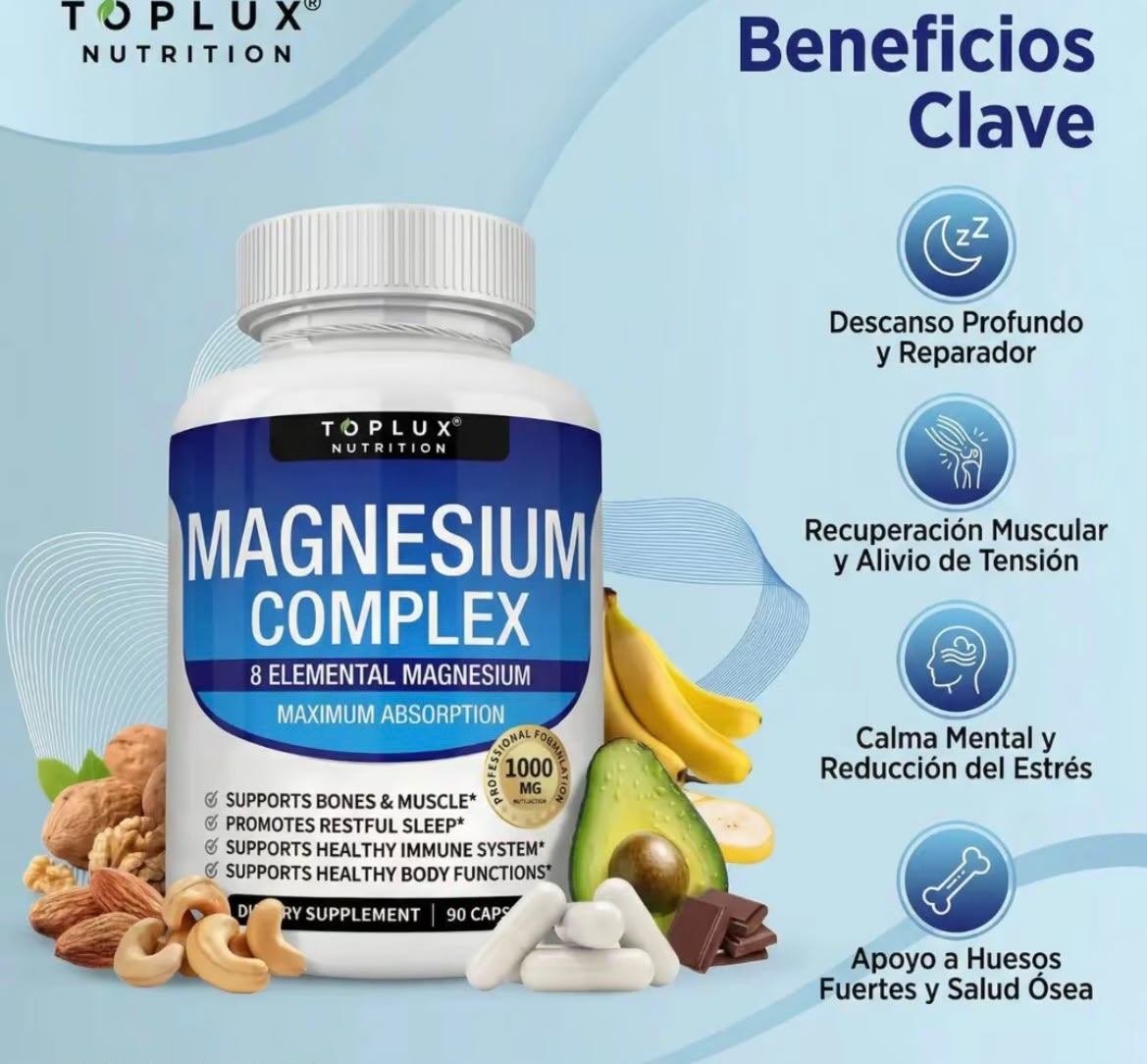 💙Magnesio 8 en 1 Complejo 1000 mg y Mezcla de Azúcar en la Sangre Combo de Suplemento 90 Cápsulas✨